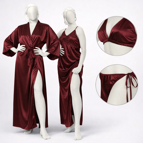 Burgundy Silk Satin 4-Piece Lingerie & Nightwear Set for Women