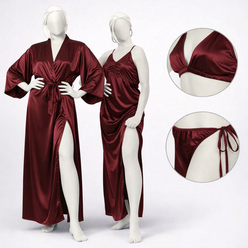 Burgundy Silk Satin 4-Piece Lingerie & Nightwear Set for Women